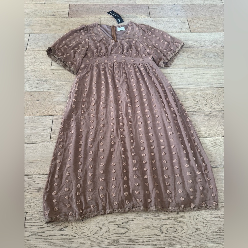 Bella Ella Boutique My Moment MIDI Boho Brown Women's Dress Sz Large Cottagecore